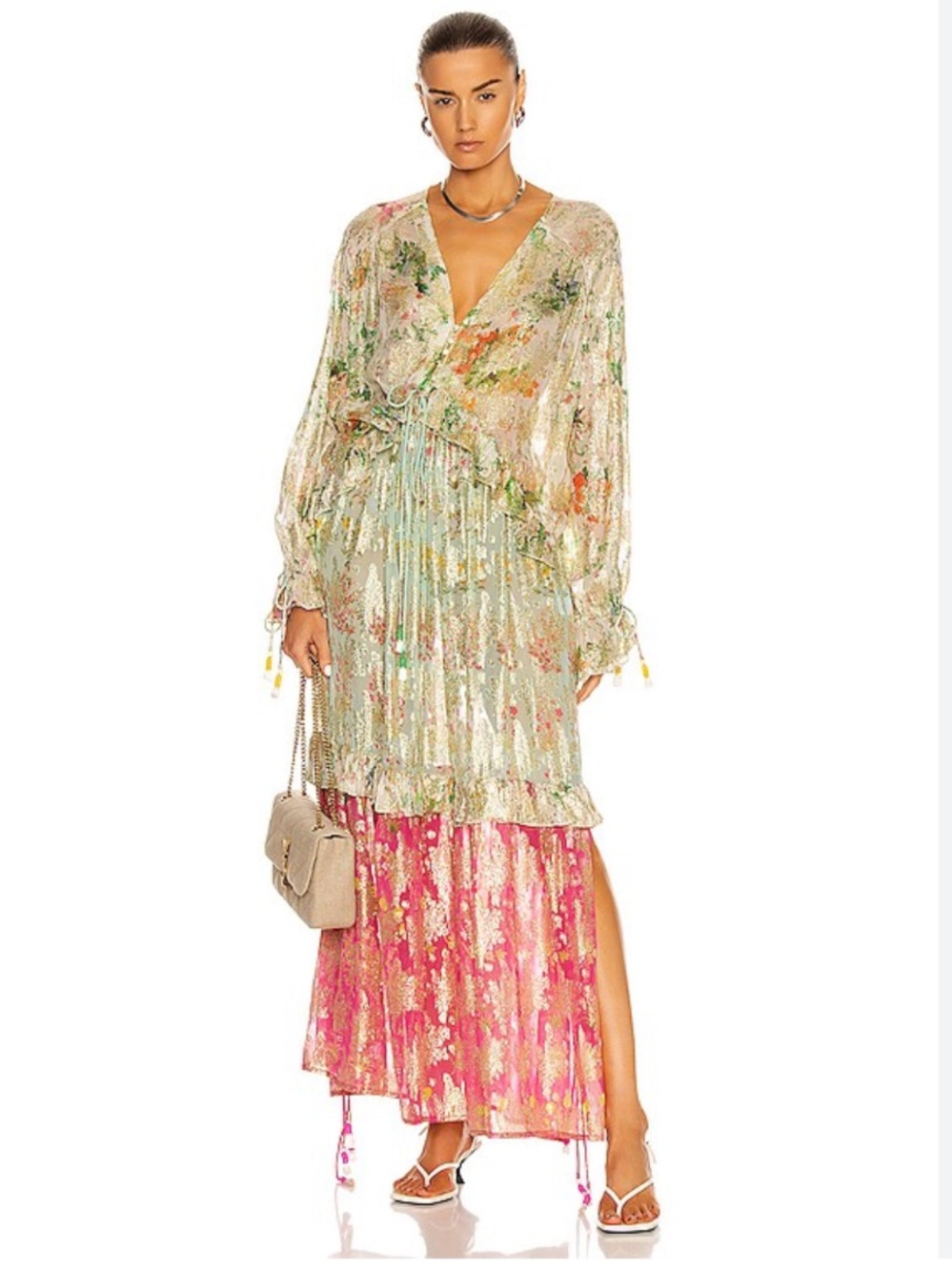 Hemant & Nandita Dress Miya Maxi Kaftan in Green Red Metallic Floral